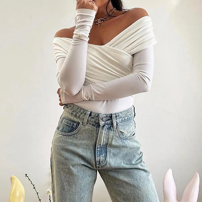 Sophisticated V-Neck Off-Shoulder Cross-Pleated Long-Sleeve T-Shirt for Effortless Elegance