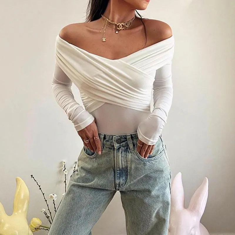 Sophisticated V-Neck Off-Shoulder Cross-Pleated Long-Sleeve T-Shirt for Effortless Elegance