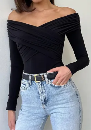 Sophisticated V-Neck Off-Shoulder Cross-Pleated Long-Sleeve T-Shirt for Effortless Elegance