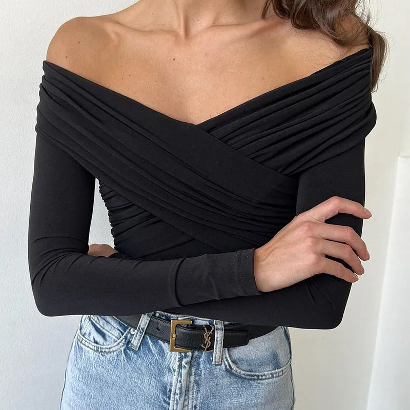 Sophisticated V-Neck Off-Shoulder Cross-Pleated Long-Sleeve T-Shirt for Effortless Elegance