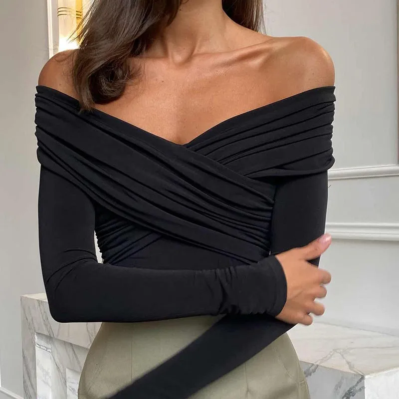 Sophisticated V-Neck Off-Shoulder Cross-Pleated Long-Sleeve T-Shirt for Effortless Elegance