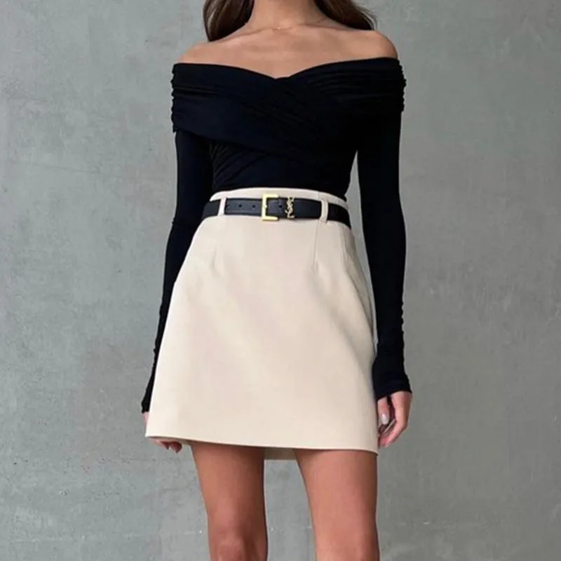 Sophisticated V-Neck Off-Shoulder Cross-Pleated Long-Sleeve T-Shirt for Effortless Elegance