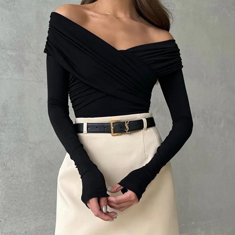 Sophisticated V-Neck Off-Shoulder Cross-Pleated Long-Sleeve T-Shirt for Effortless Elegance