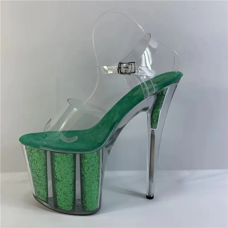 Stage model training sexy transparent purple sequins 20cm stiletto heels