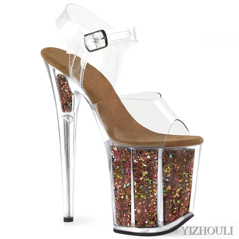 Stage model training sexy transparent purple sequins 20cm stiletto heels