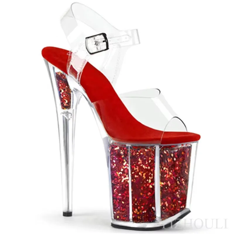Stage model training sexy transparent purple sequins 20cm stiletto heels