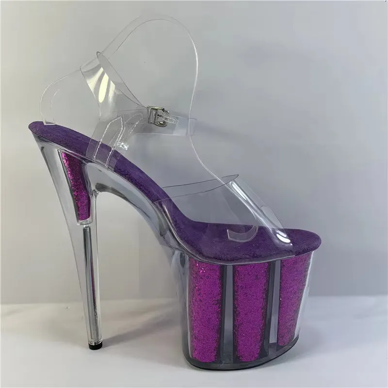 Stage model training sexy transparent purple sequins 20cm stiletto heels
