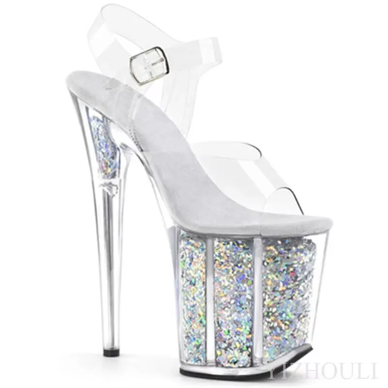 Stage model training sexy transparent purple sequins 20cm stiletto heels
