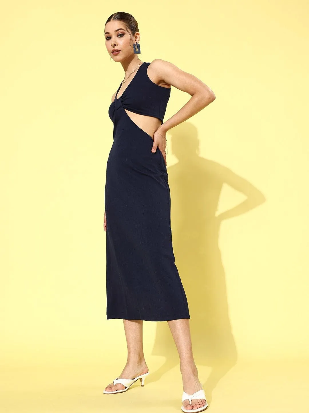 Style Quotient Women Navy Blue Solid Cut-Out Detail Sheath Midi Dress
