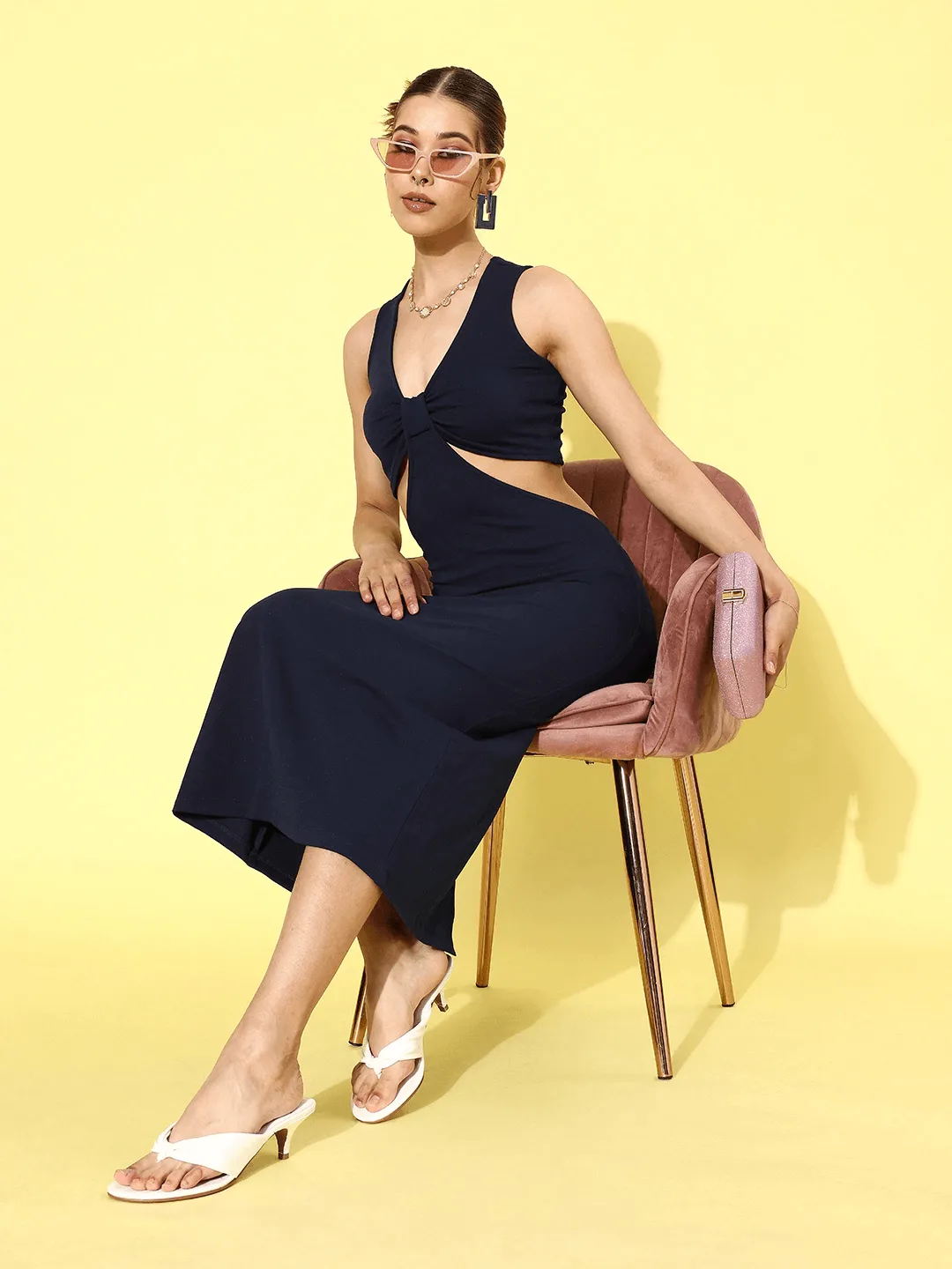 Style Quotient Women Navy Blue Solid Cut-Out Detail Sheath Midi Dress