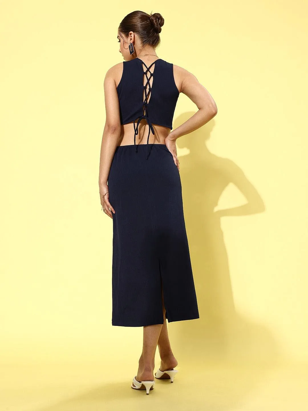 Style Quotient Women Navy Blue Solid Cut-Out Detail Sheath Midi Dress