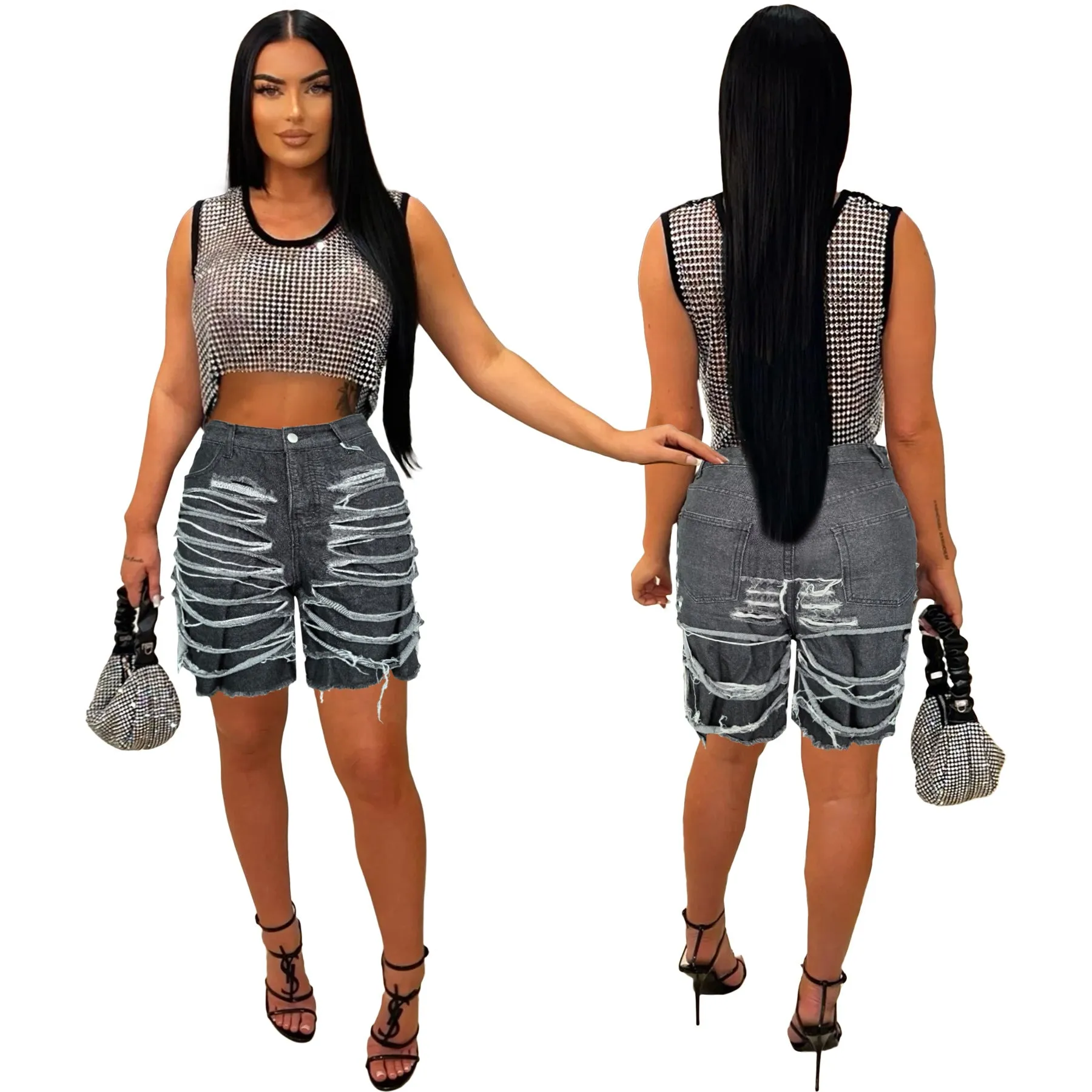 Stylish High-Waisted Pocket Ripped Knee-Length Denim Shorts