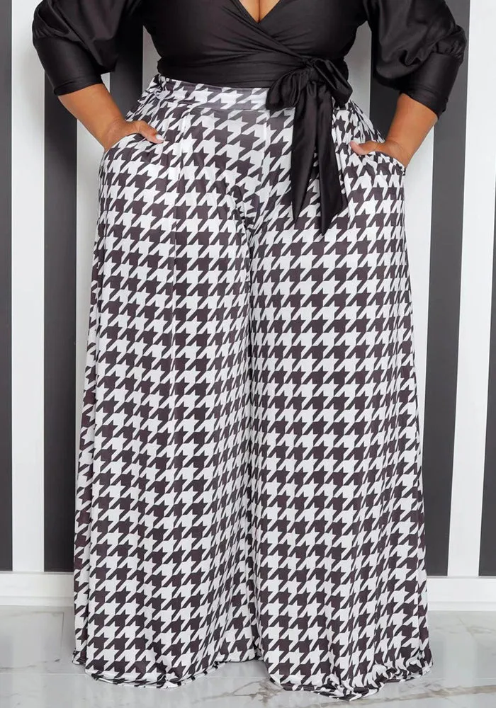 Stylish Plus Size Houndstooth Wide-Leg Pants for Autumn and Winter Elegance