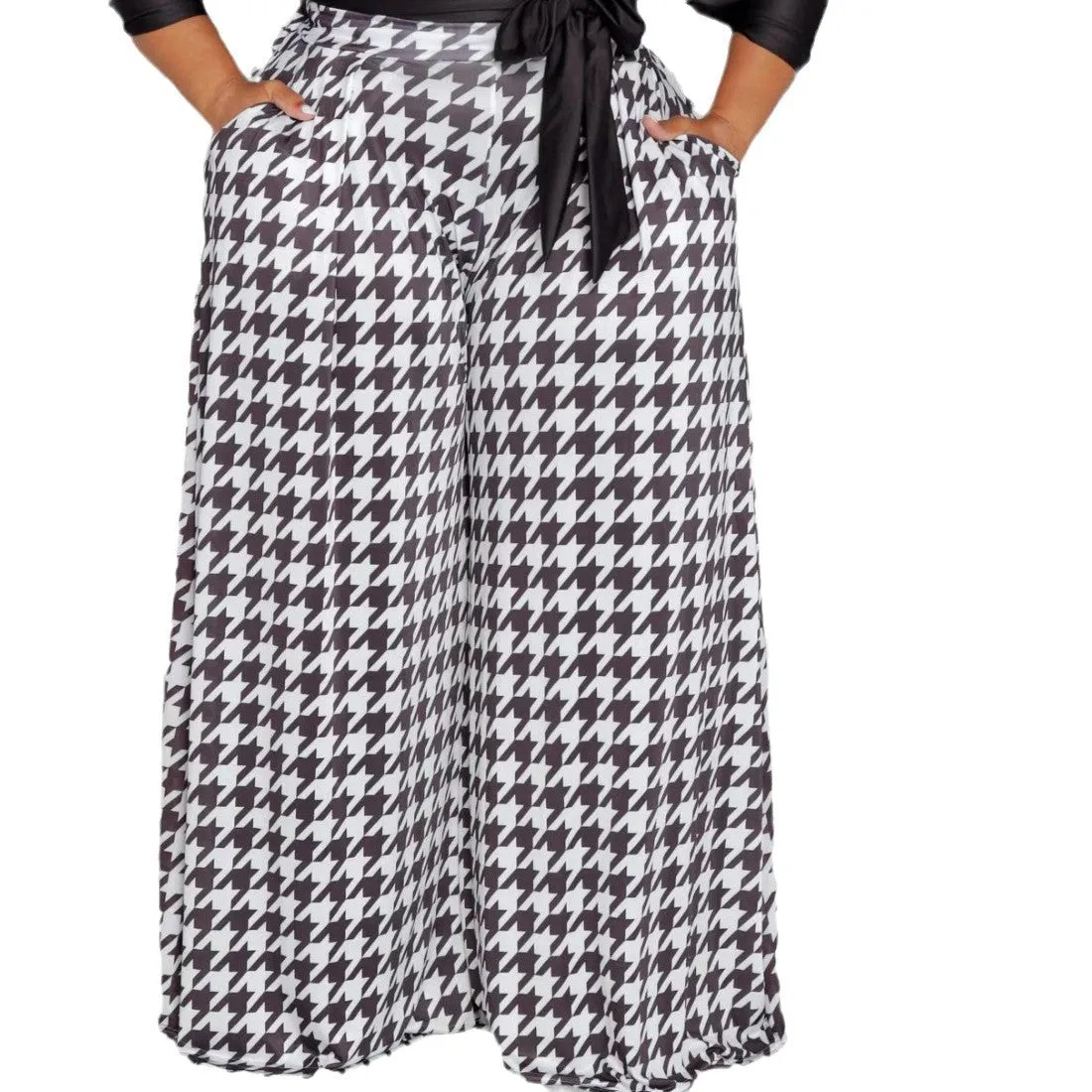 Stylish Plus Size Houndstooth Wide-Leg Pants for Autumn and Winter Elegance