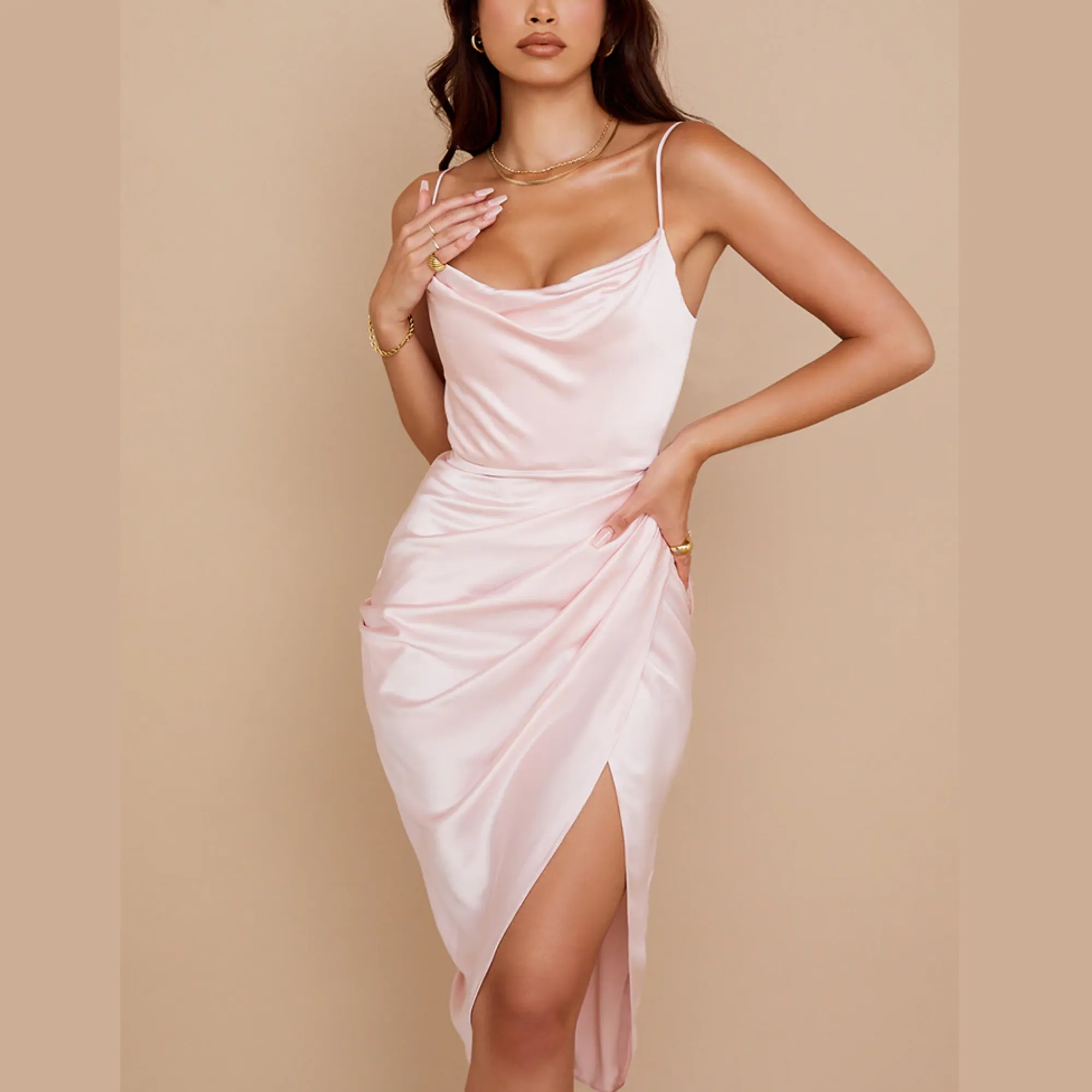 Tammy - Pink Satin Draped Split Midi Dress