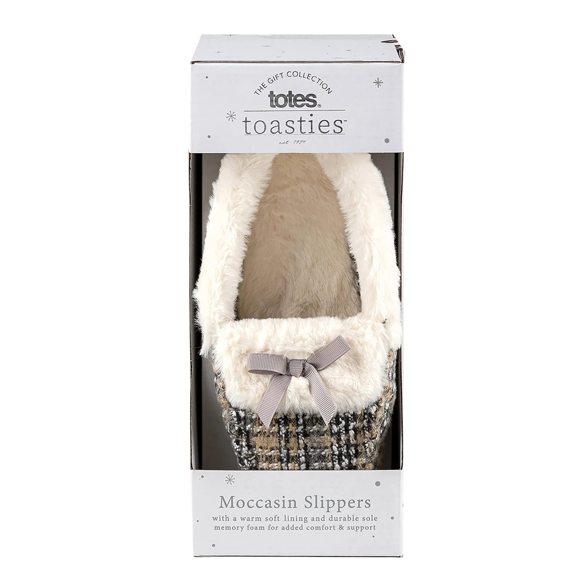 Totes Isotoner BRUSHED CHECK Womens Moccasin Slippers Grey