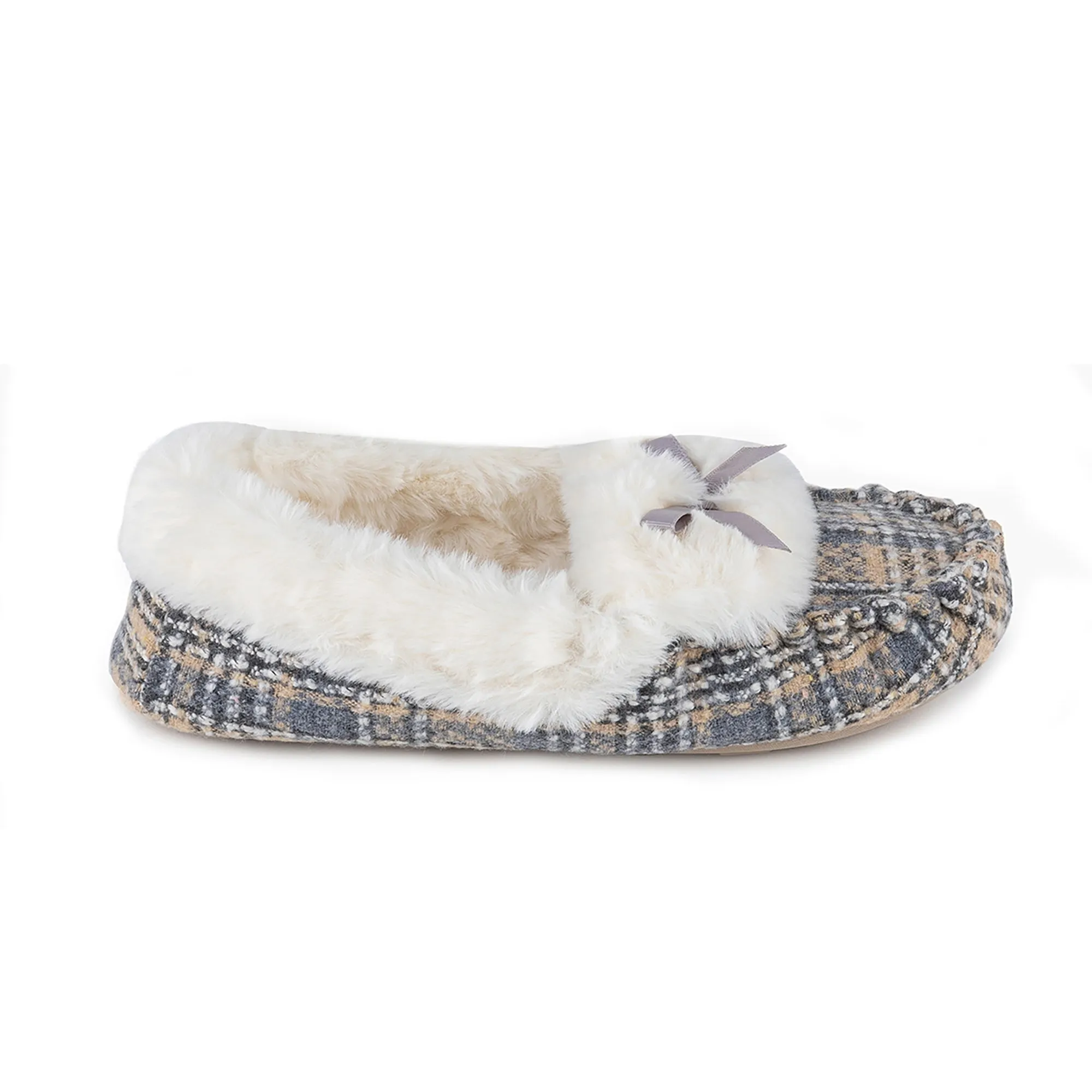Totes Isotoner BRUSHED CHECK Womens Moccasin Slippers Grey