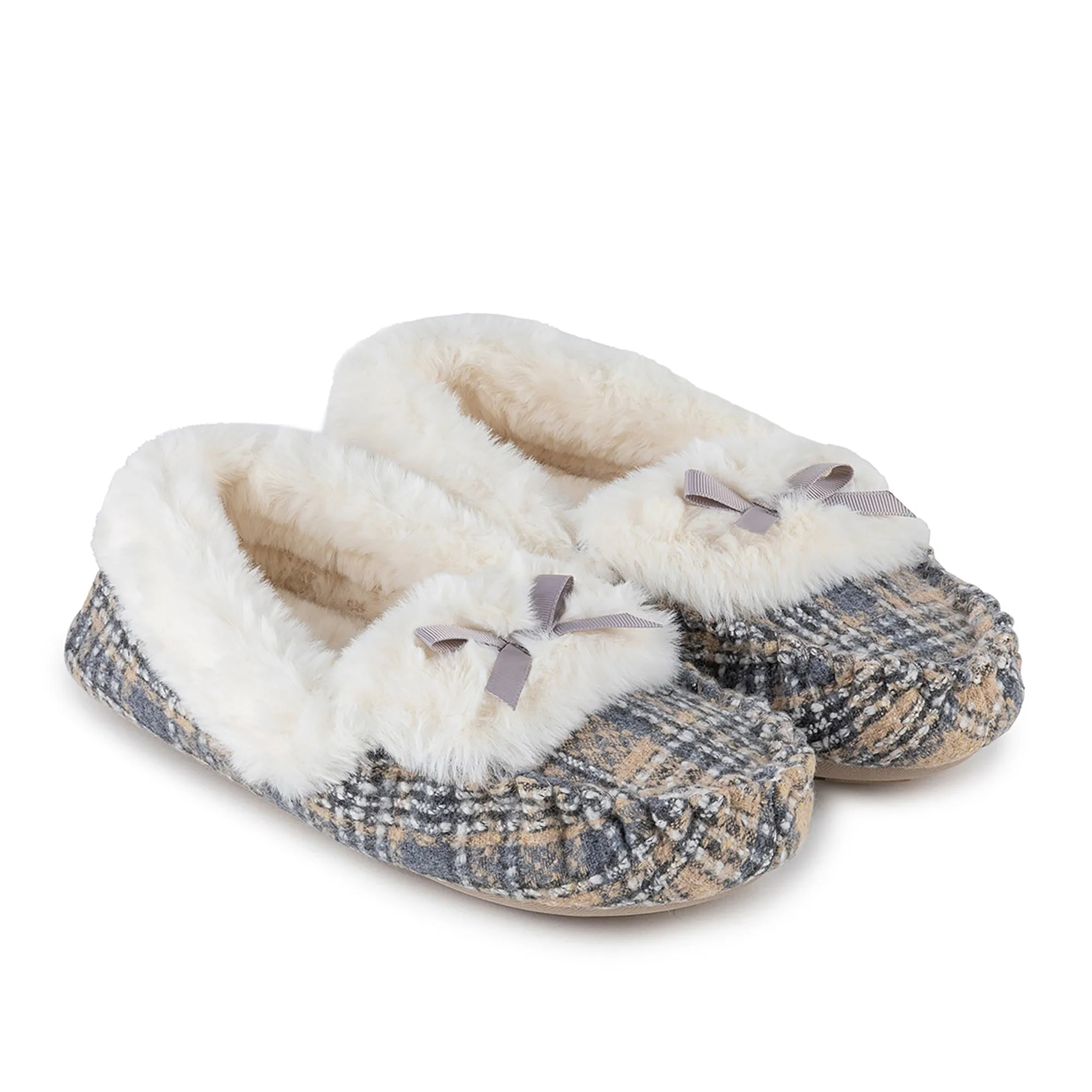 Totes Isotoner BRUSHED CHECK Womens Moccasin Slippers Grey