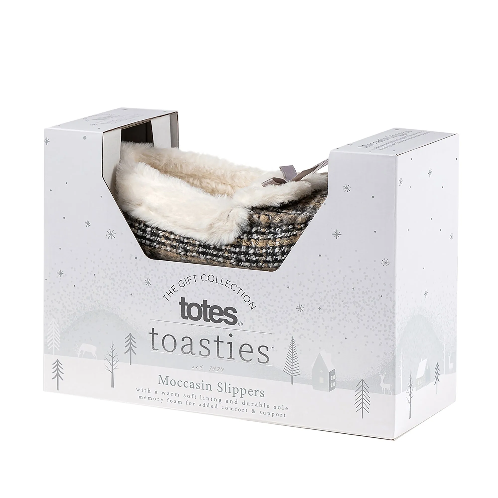 Totes Isotoner BRUSHED CHECK Womens Moccasin Slippers Grey