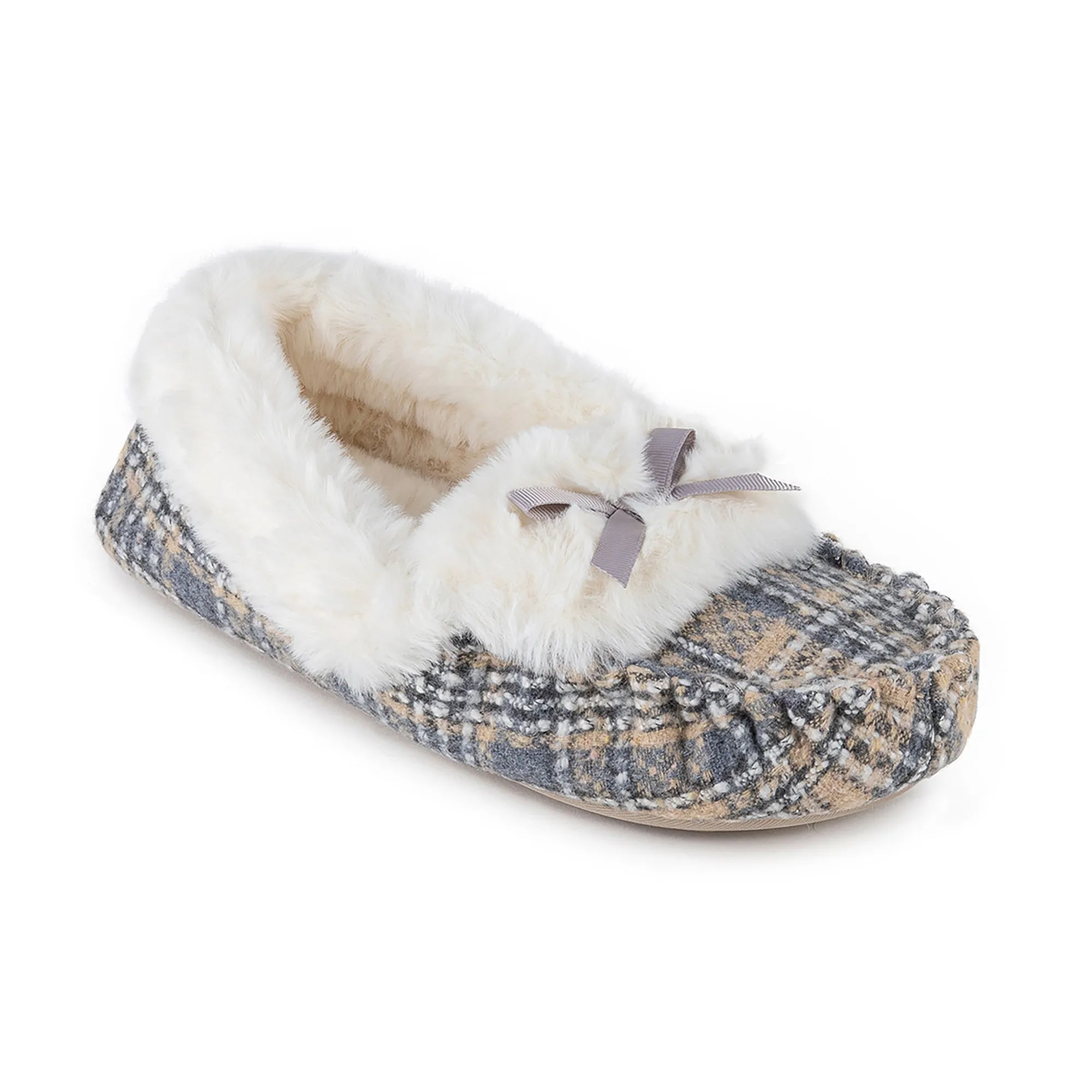 Totes Isotoner BRUSHED CHECK Womens Moccasin Slippers Grey
