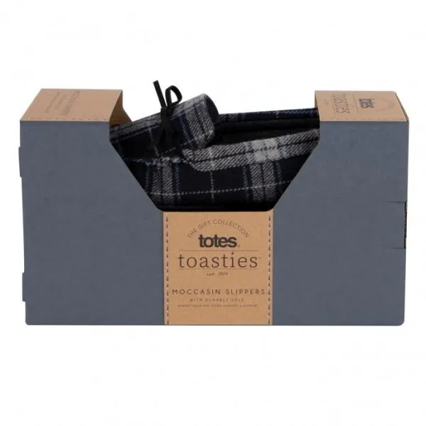 Totes Isotoner CHECK Mens Moccasin Slippers Grey
