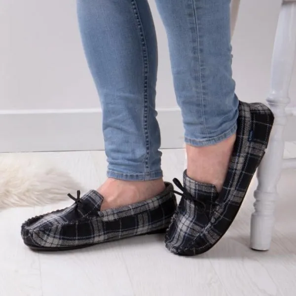 Totes Isotoner CHECK Mens Moccasin Slippers Grey