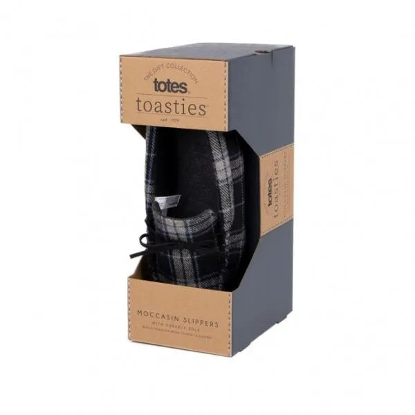 Totes Isotoner CHECK Mens Moccasin Slippers Grey