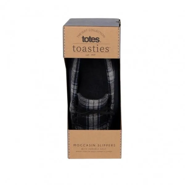 Totes Isotoner CHECK Mens Moccasin Slippers Grey