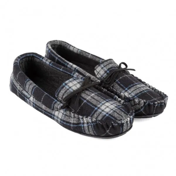 Totes Isotoner CHECK Mens Moccasin Slippers Grey