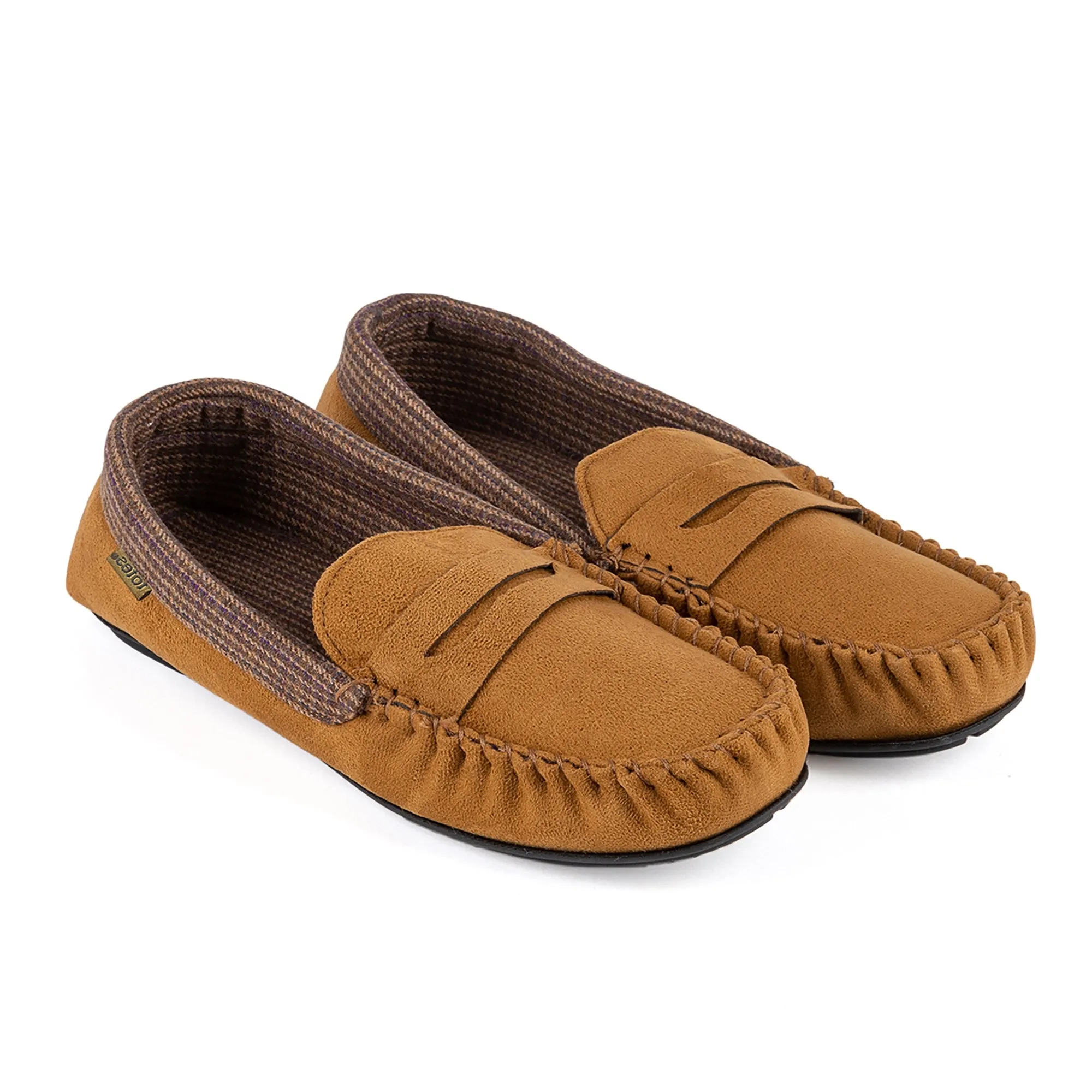 Totes Isotoner SUEDETTE WITH CHECK LINING Mens Moccasin Slippers Biscuit