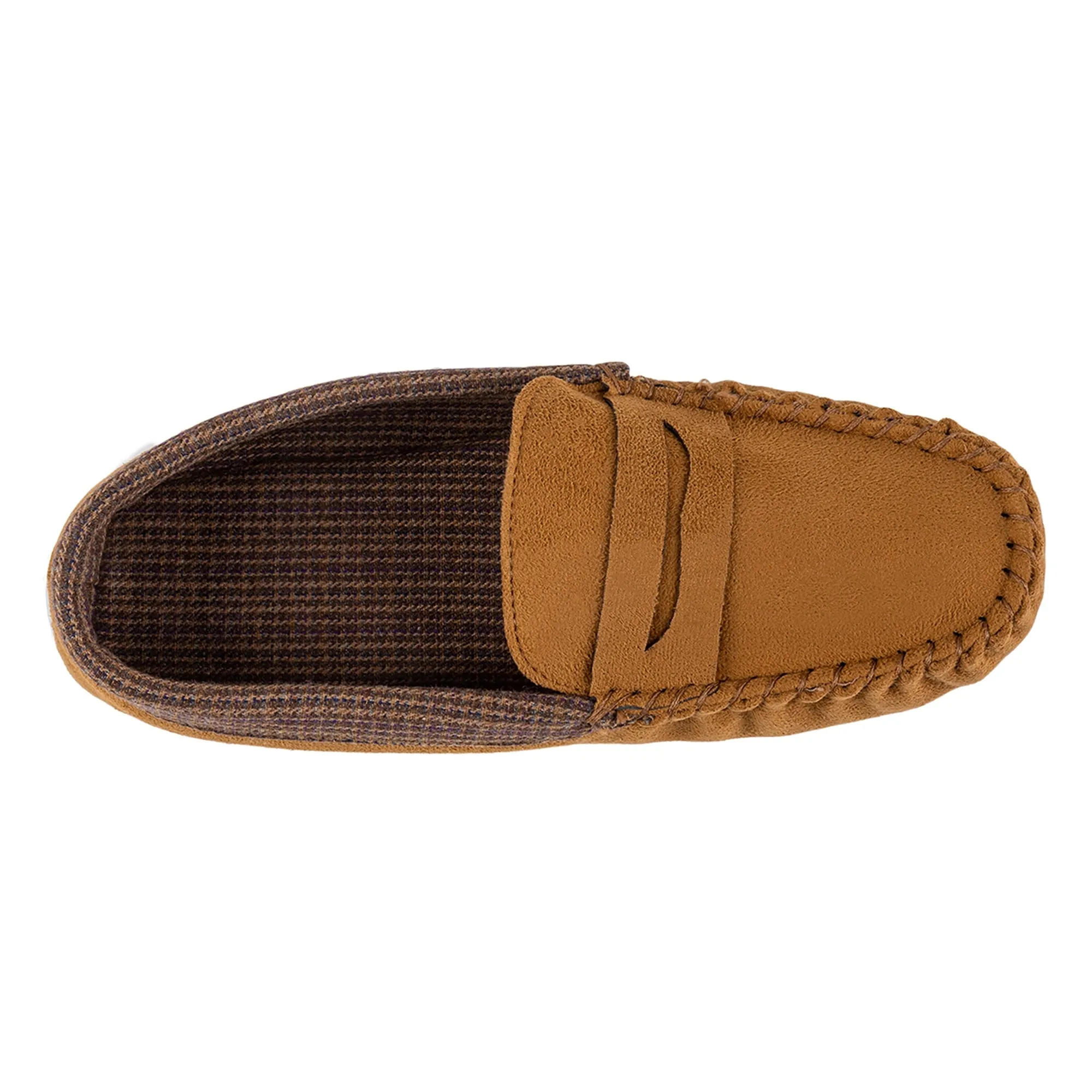 Totes Isotoner SUEDETTE WITH CHECK LINING Mens Moccasin Slippers Biscuit