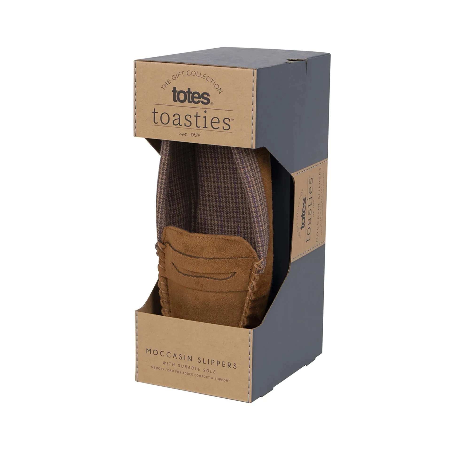 Totes Isotoner SUEDETTE WITH CHECK LINING Mens Moccasin Slippers Biscuit