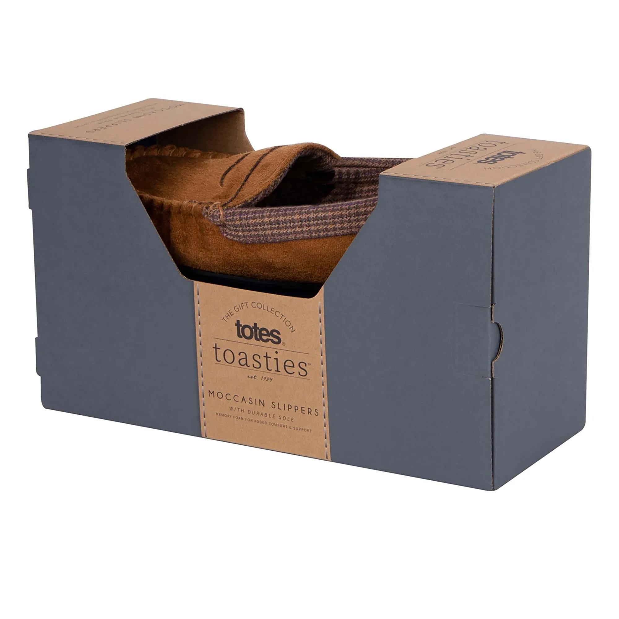 Totes Isotoner SUEDETTE WITH CHECK LINING Mens Moccasin Slippers Biscuit
