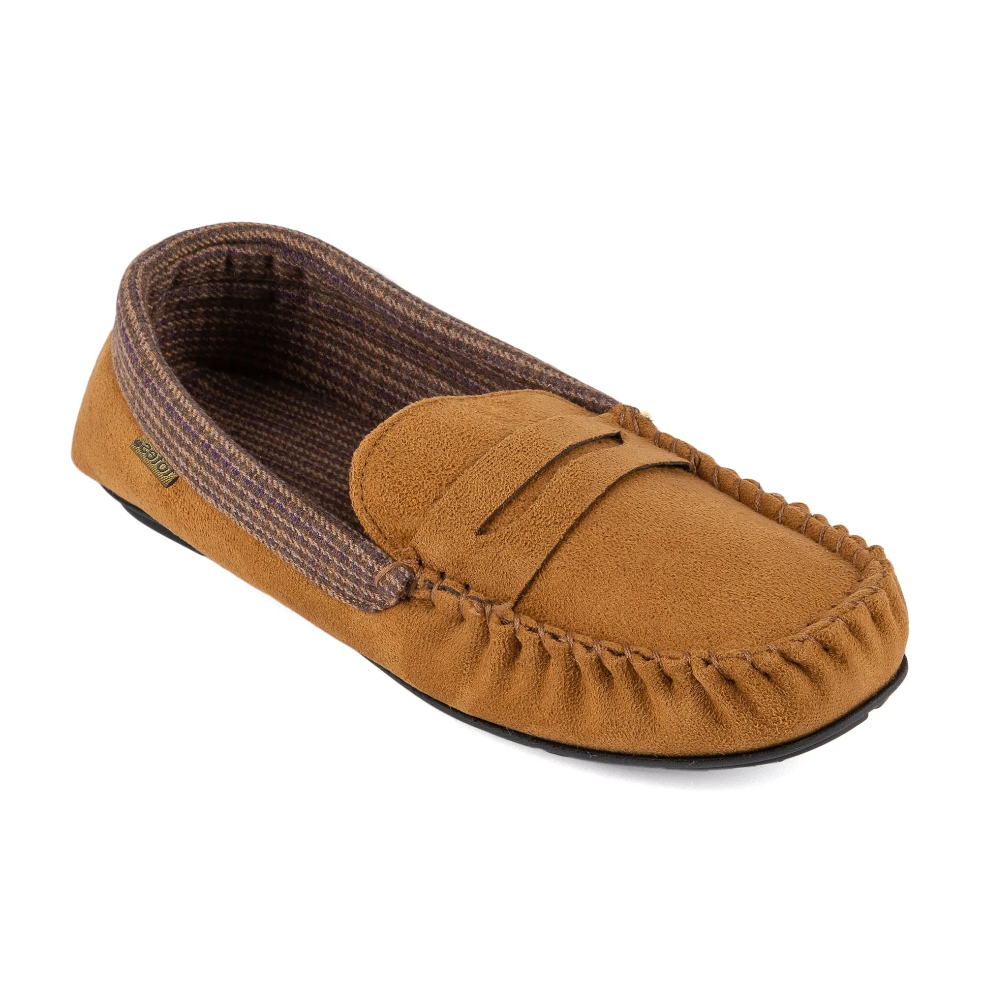 Totes Isotoner SUEDETTE WITH CHECK LINING Mens Moccasin Slippers Biscuit
