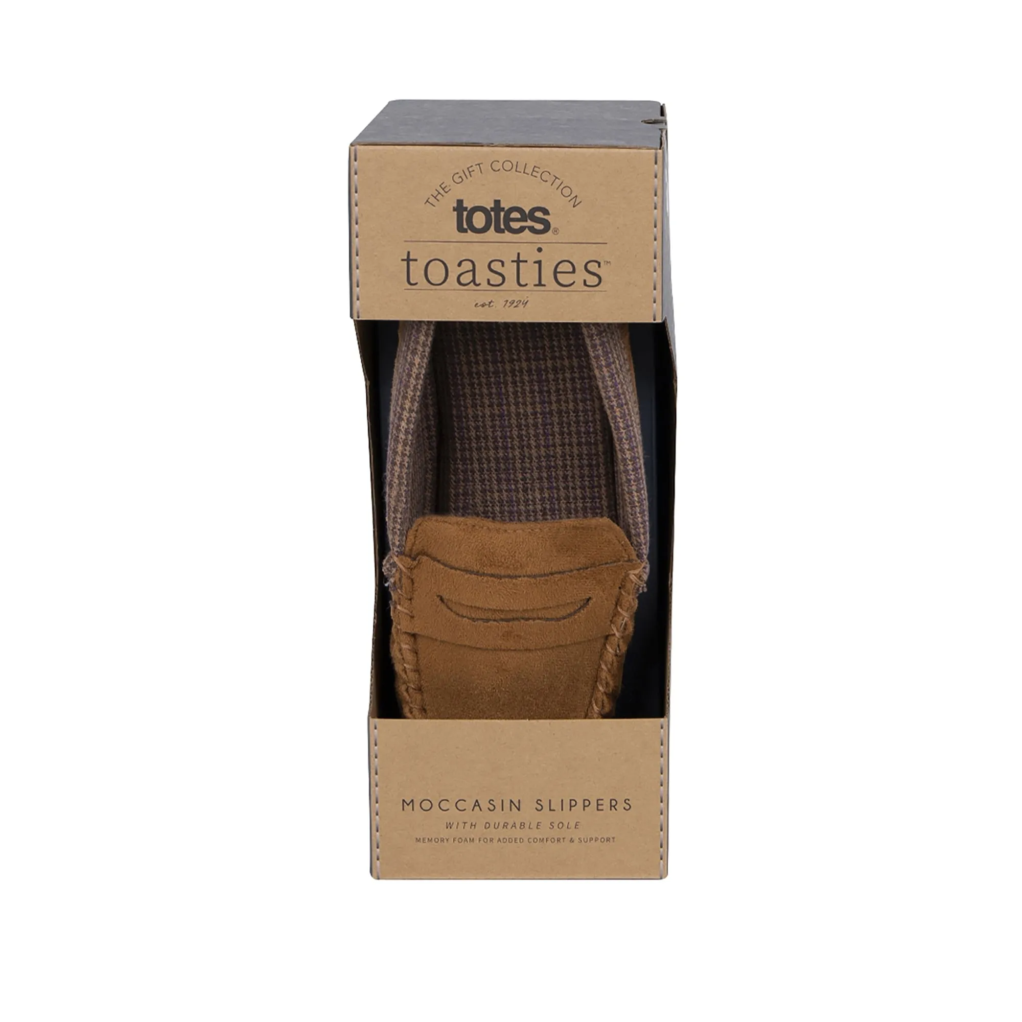 Totes Isotoner SUEDETTE WITH CHECK LINING Mens Moccasin Slippers Biscuit