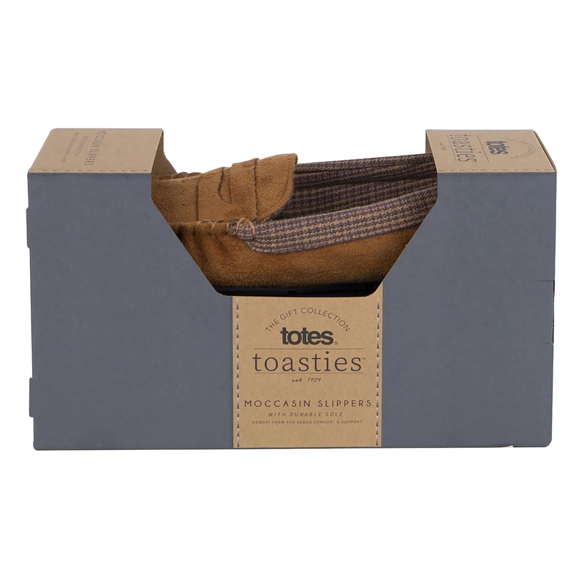 Totes Isotoner SUEDETTE WITH CHECK LINING Mens Moccasin Slippers Biscuit