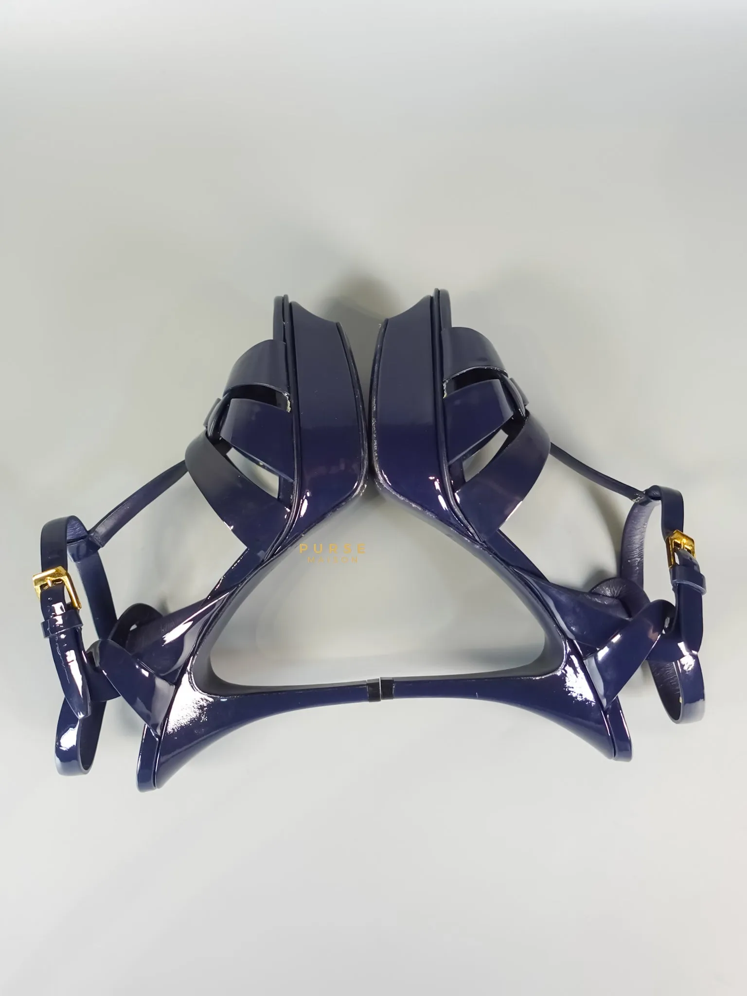 Tribute Leather Platform Sandal Patent Navy Blue High Heels (Size 36EU 23cm)