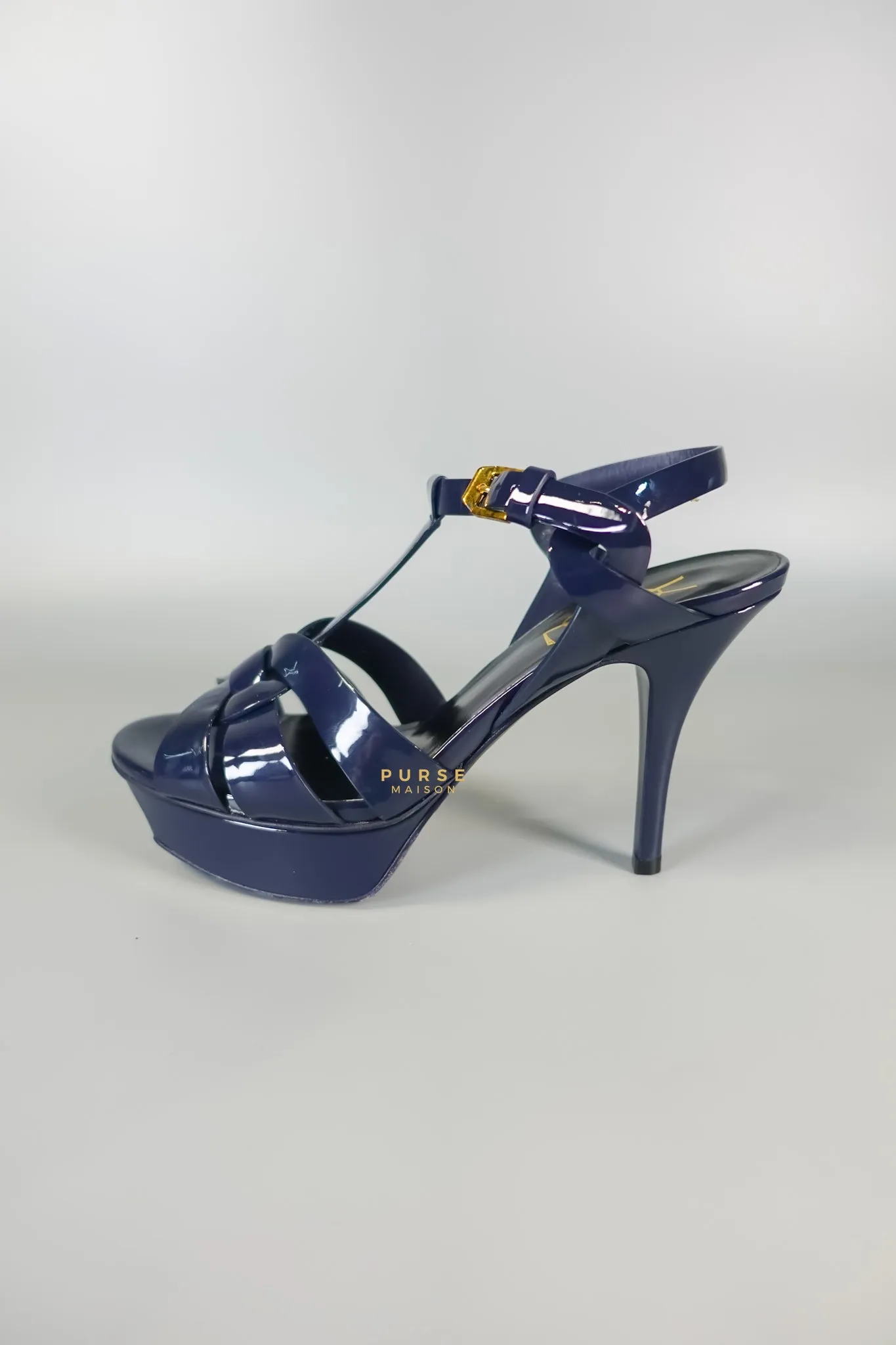 Tribute Leather Platform Sandal Patent Navy Blue High Heels (Size 36EU 23cm)