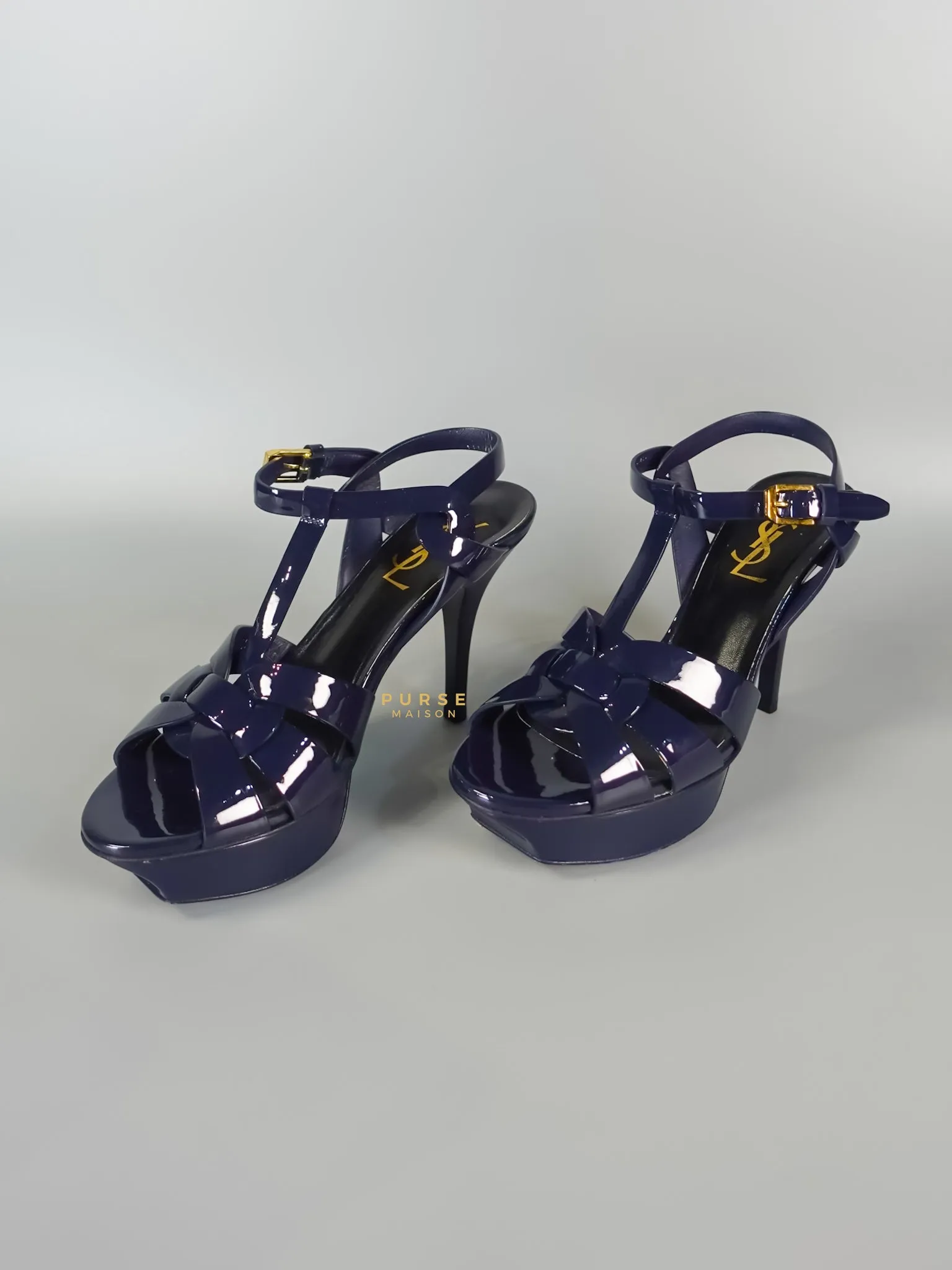 Tribute Leather Platform Sandal Patent Navy Blue High Heels (Size 36EU 23cm)