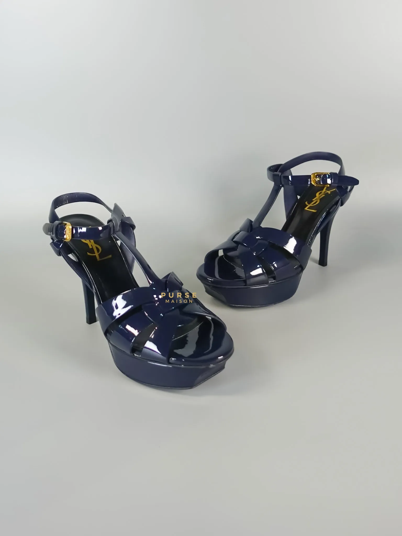 Tribute Leather Platform Sandal Patent Navy Blue High Heels (Size 36EU 23cm)