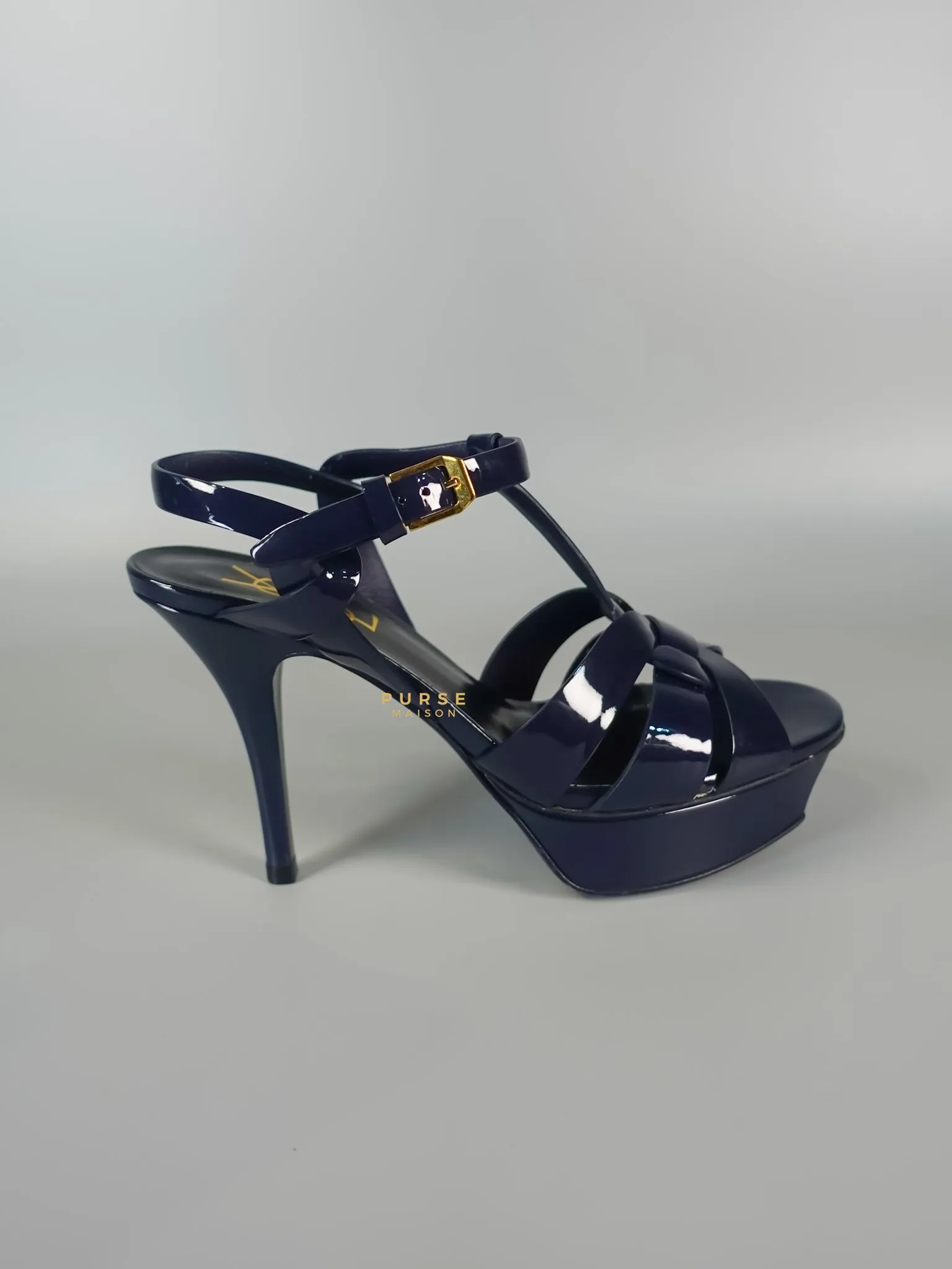 Tribute Leather Platform Sandal Patent Navy Blue High Heels (Size 36EU 23cm)