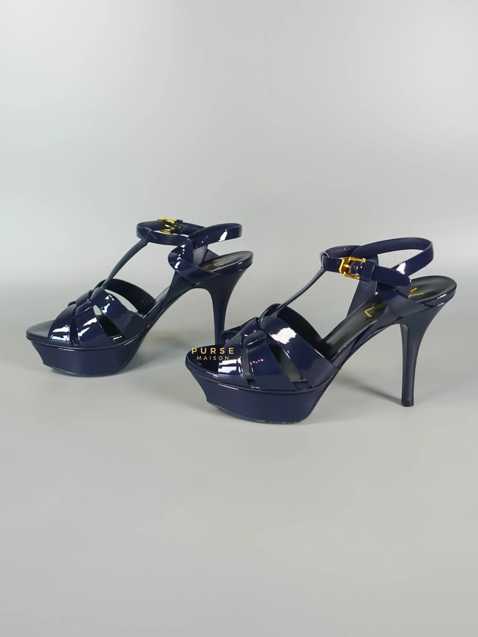 Tribute Leather Platform Sandal Patent Navy Blue High Heels (Size 36EU 23cm)