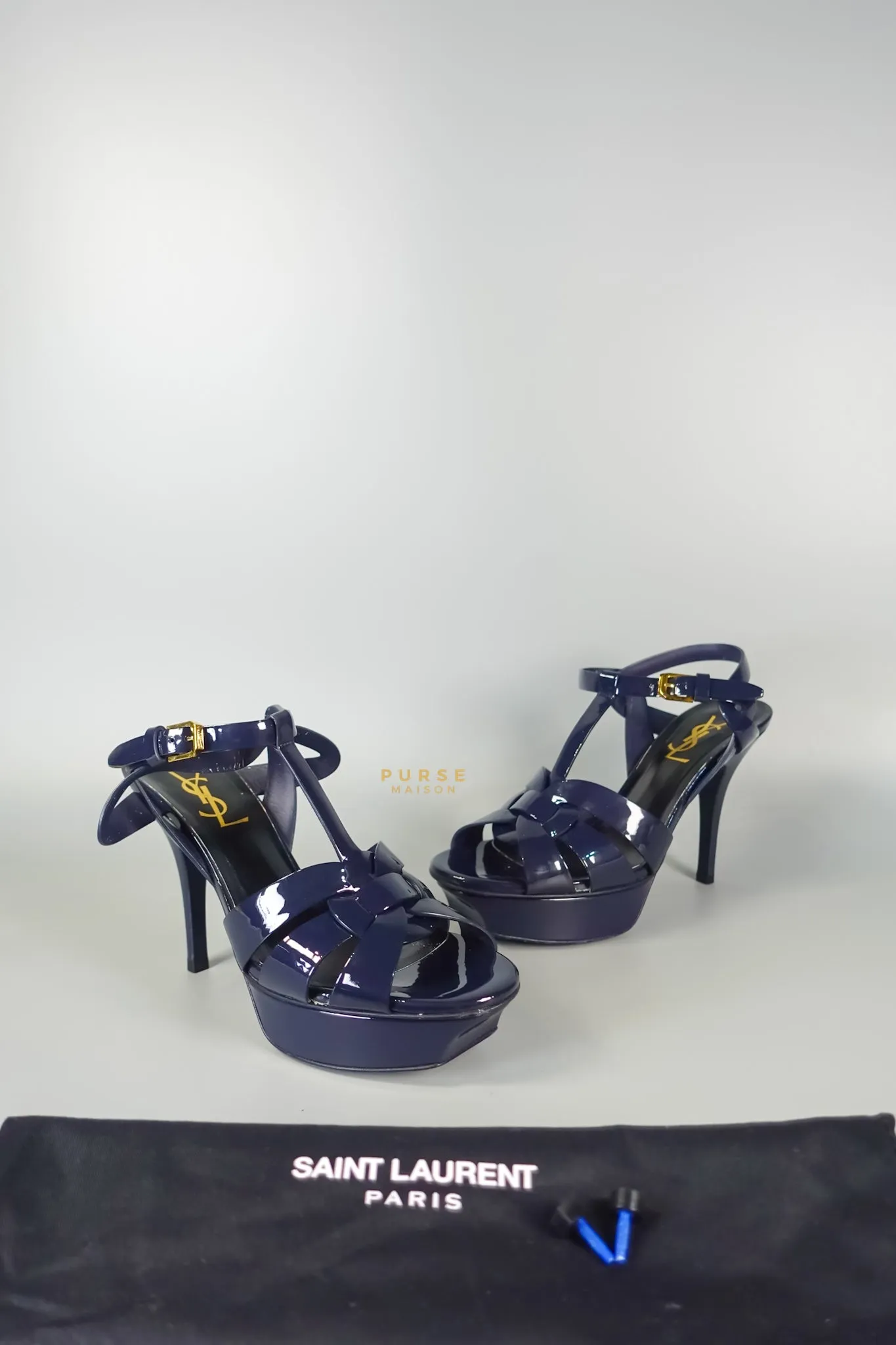 Tribute Leather Platform Sandal Patent Navy Blue High Heels (Size 36EU 23cm)