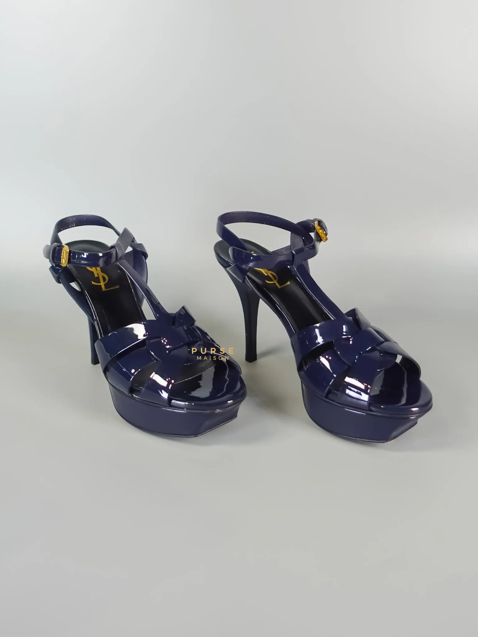 Tribute Leather Platform Sandal Patent Navy Blue High Heels (Size 36EU 23cm)