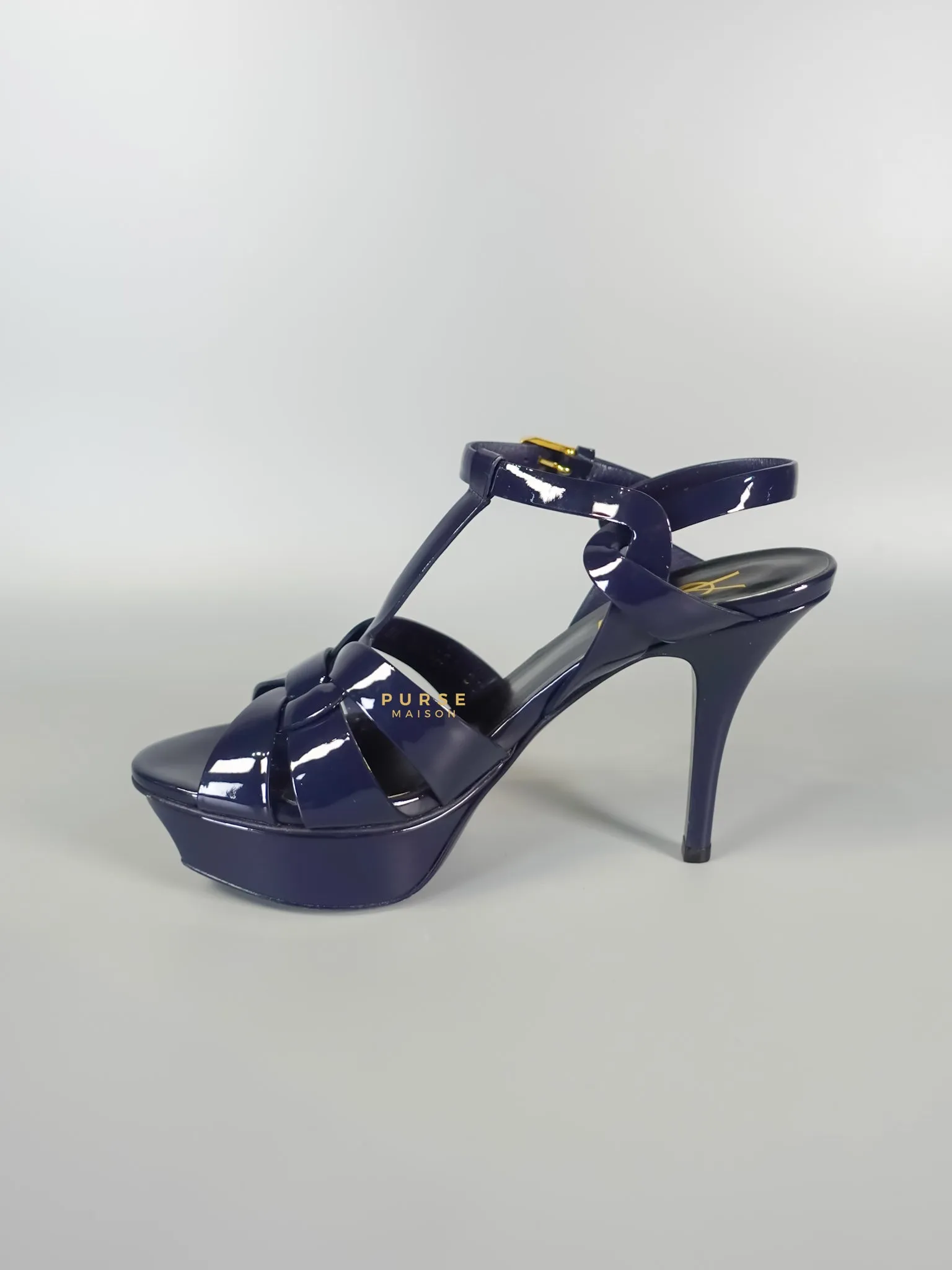 Tribute Leather Platform Sandal Patent Navy Blue High Heels (Size 36EU 23cm)