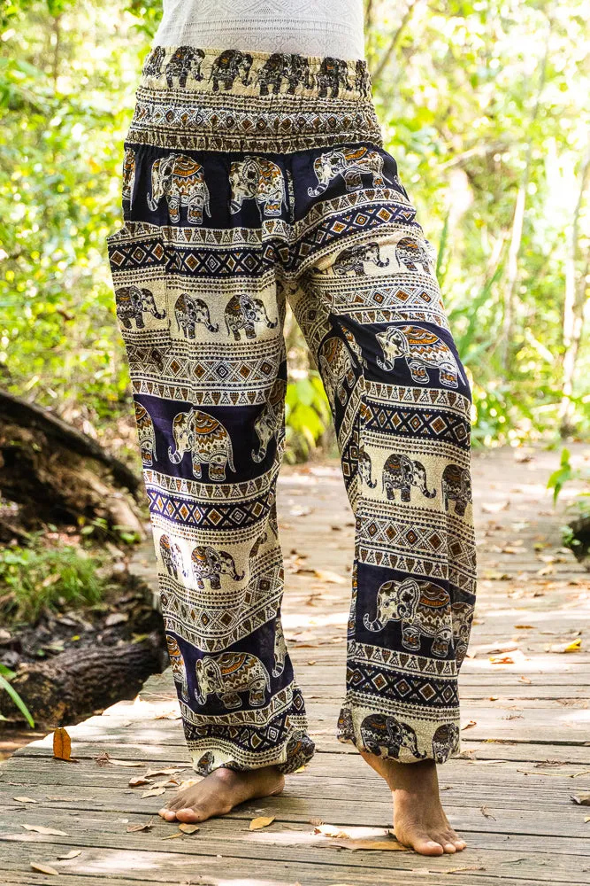 Unisex Bohemian Elephant Tribal Harem Pants- Black/Cream