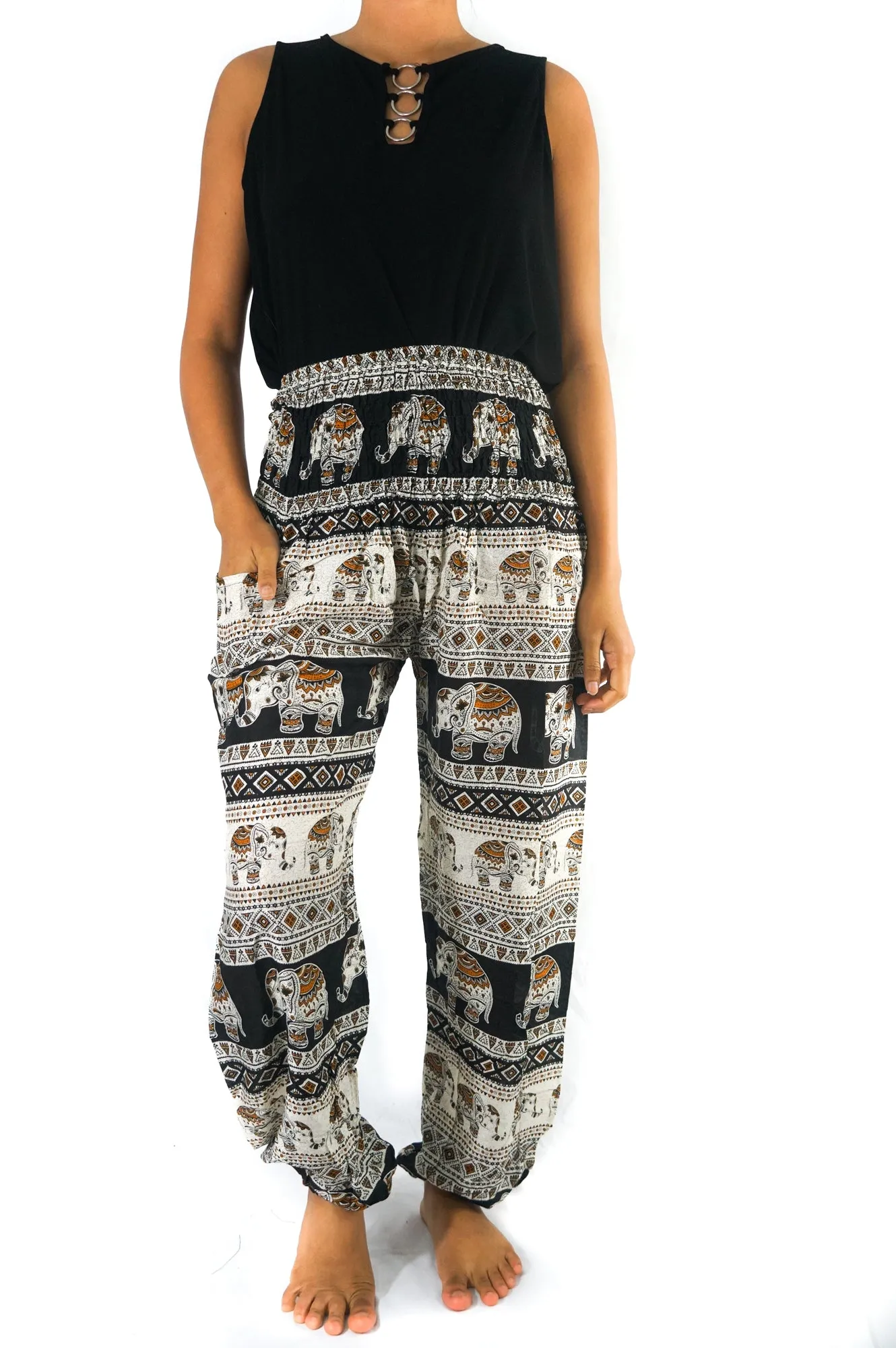 Unisex Bohemian Elephant Tribal Harem Pants- Black/Cream