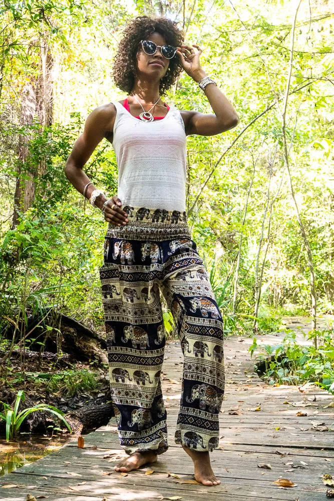 Unisex Bohemian Elephant Tribal Harem Pants- Black/Cream