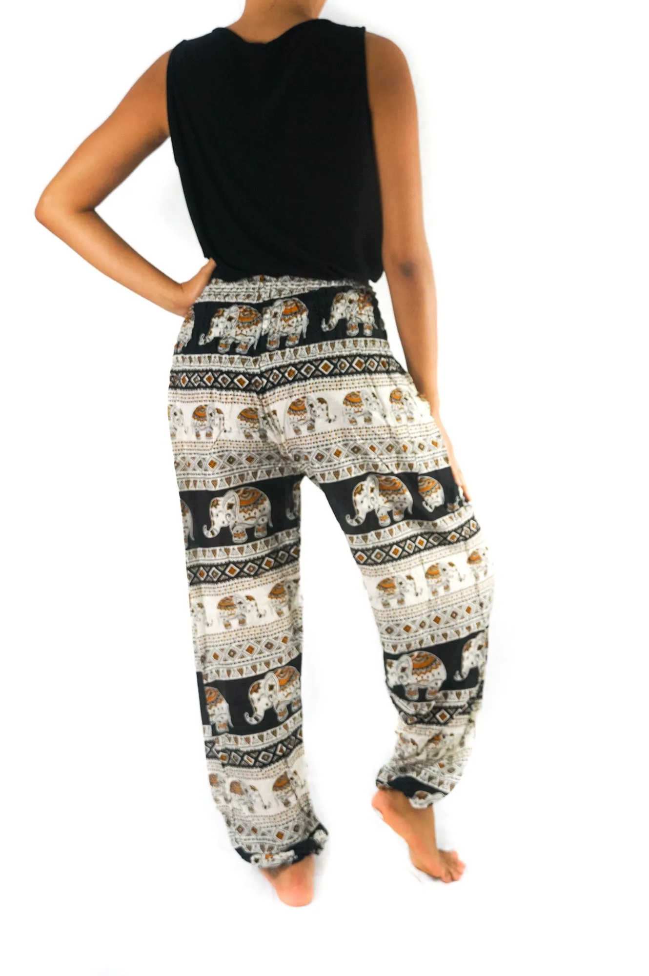 Unisex Bohemian Elephant Tribal Harem Pants- Black/Cream