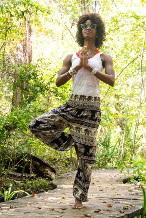 Unisex Bohemian Elephant Tribal Harem Pants- Black/Cream